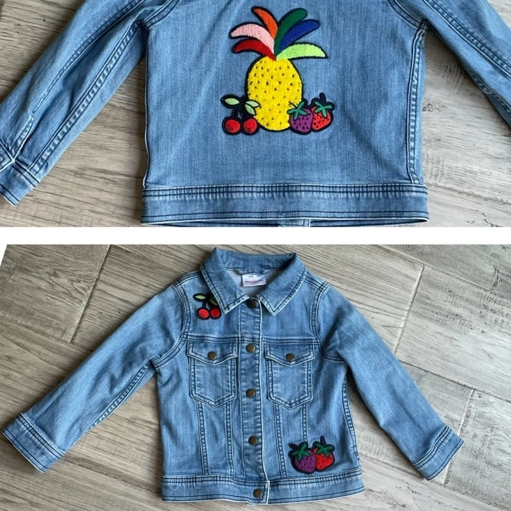 Hanna Anderson Kids Jean Jacket With Colorful Fruit Patches On Front/Back SZ 5